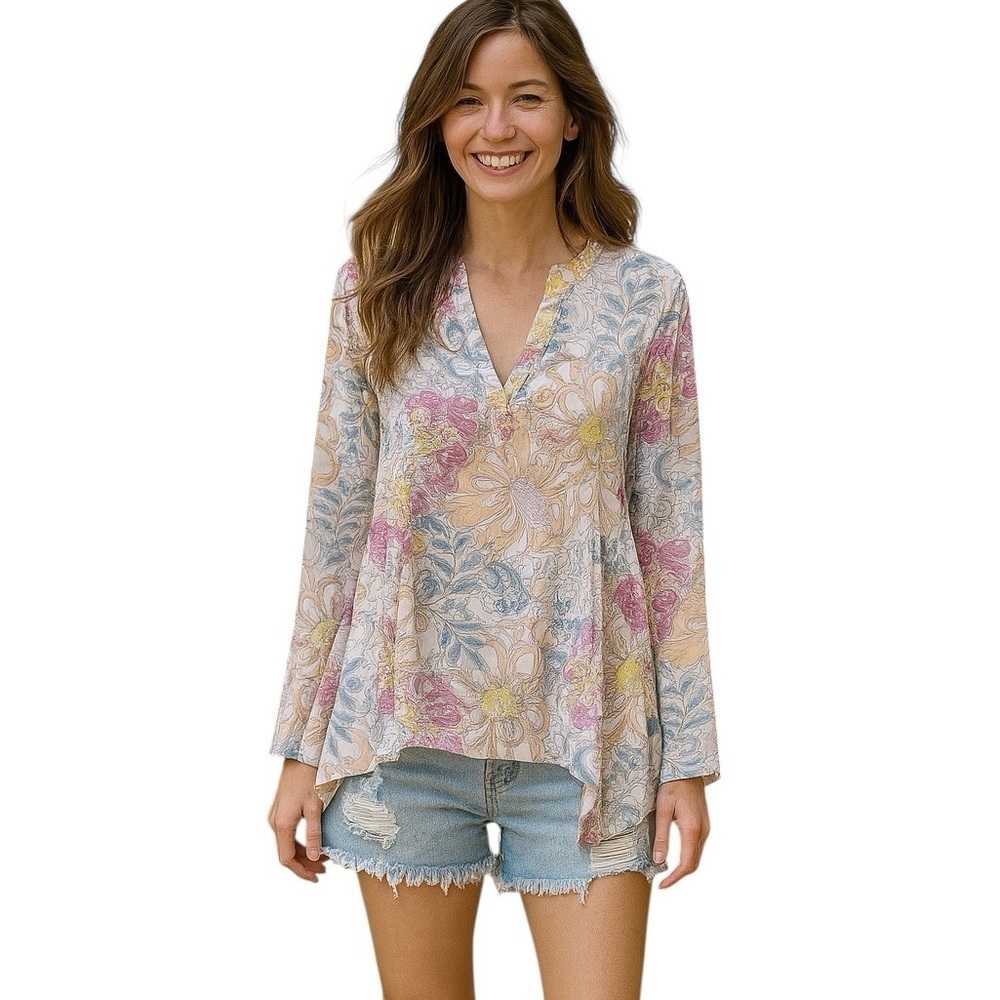 Maeve Small Pastel Floral Babydoll Long Sleeve Blouse Ruffle Boho Chic Casual